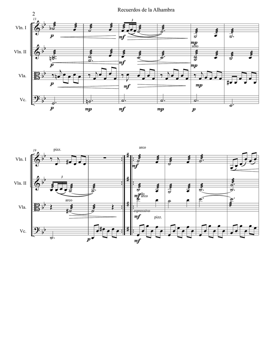 Recuerdos de la Alhambra, for String Quartet, SCORE and PARTS String Quartet scores gallery preview page 3