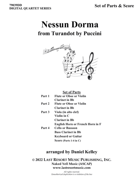 Nessun Dorma from Turandot for String Quartet or Wind Quartet (Mixed Quartet, Clarinet Quartet)