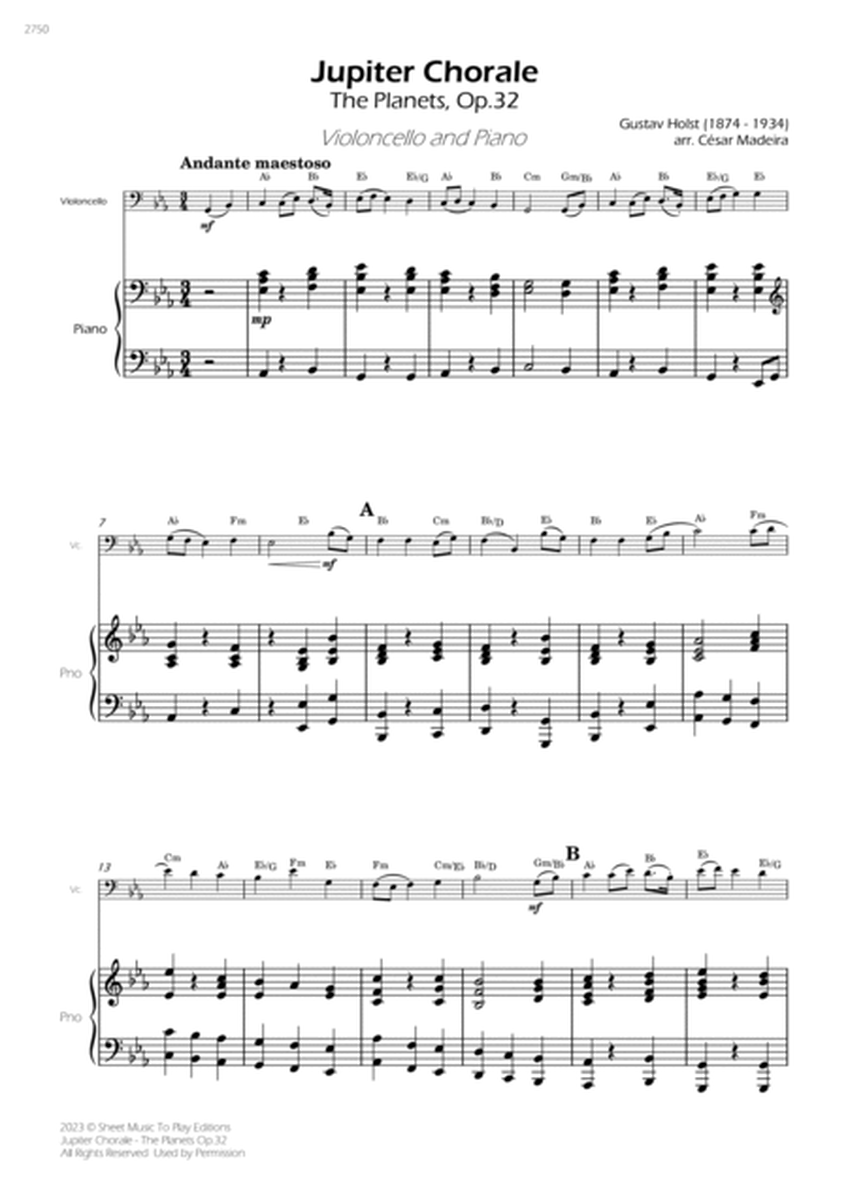 Jupiter Chorale from The Planets - Cello and Piano - W/Chords (Full Score and Parts) image number null
