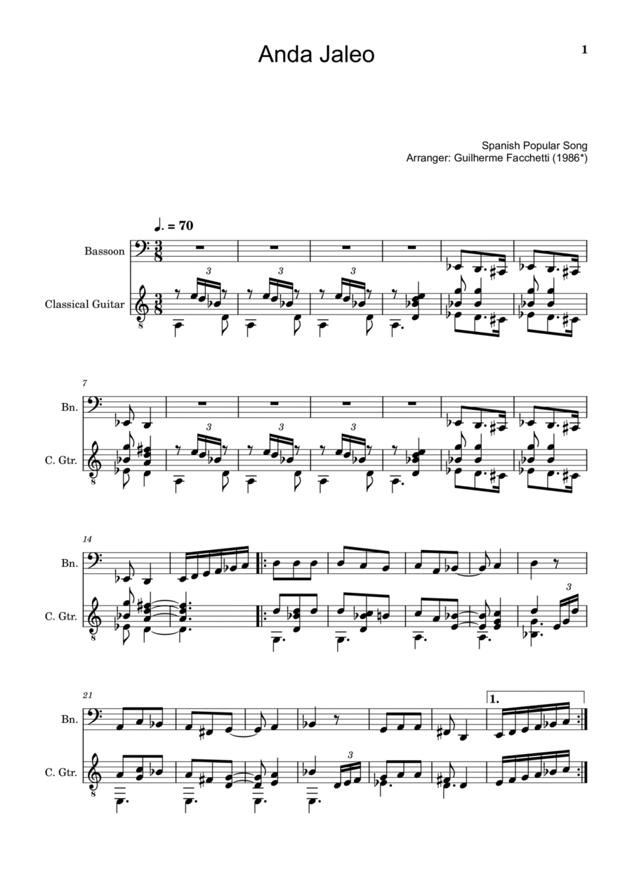 Spanish Popular Song - Anda Jaleo. Arrangement for Bassoon and Classical Guitar. Score and Parts Bassoon scores gallery preview page 1