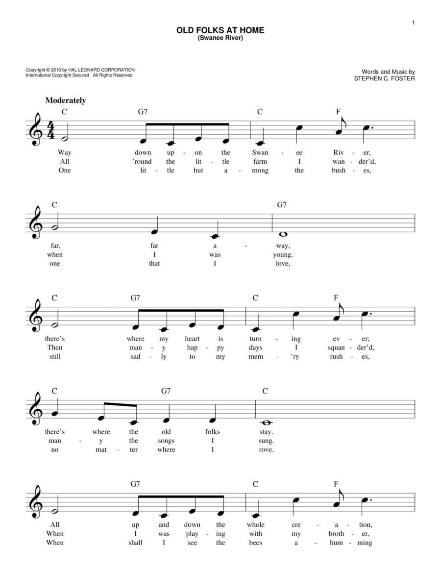 Old Folks At Home (Swanee River) Piano scores gallery preview page 1