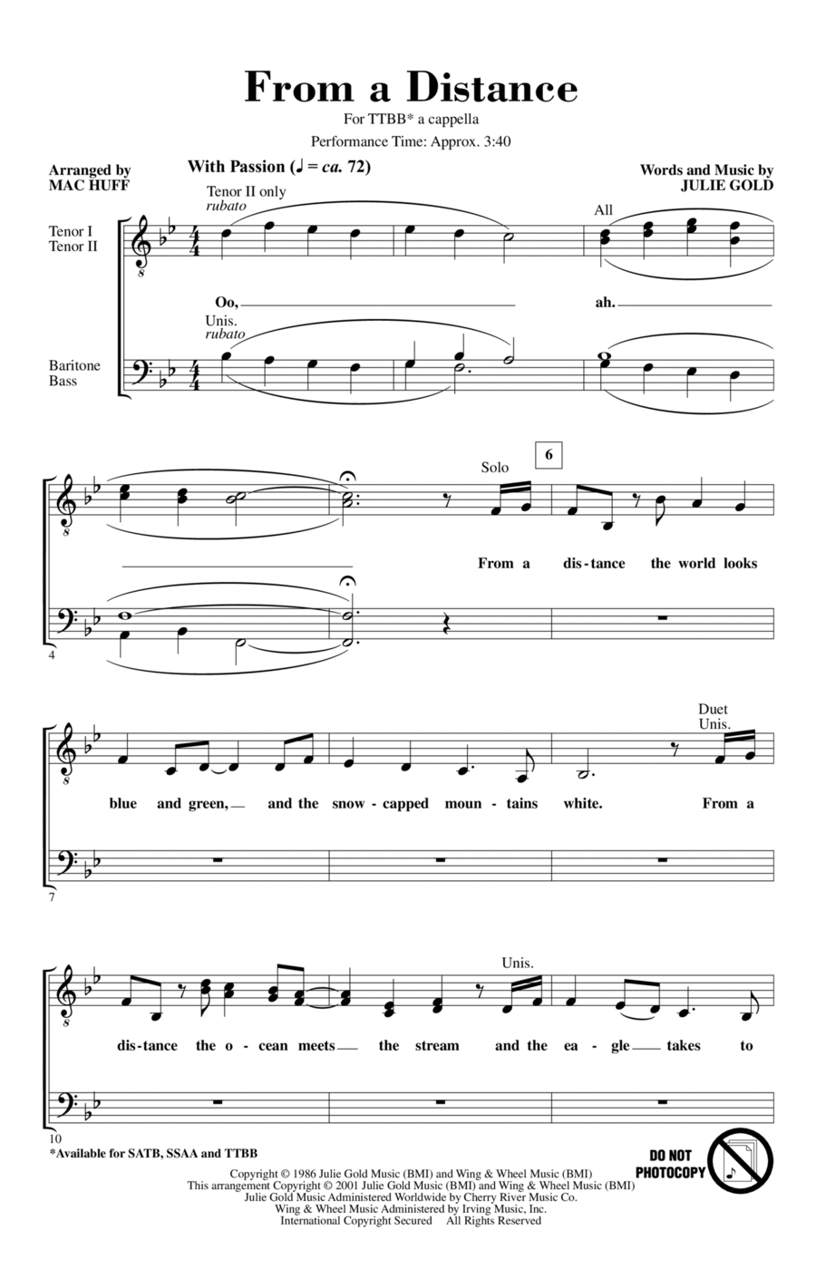 From A Distance (arr. Mac Huff) TTBB scores gallery preview page 1