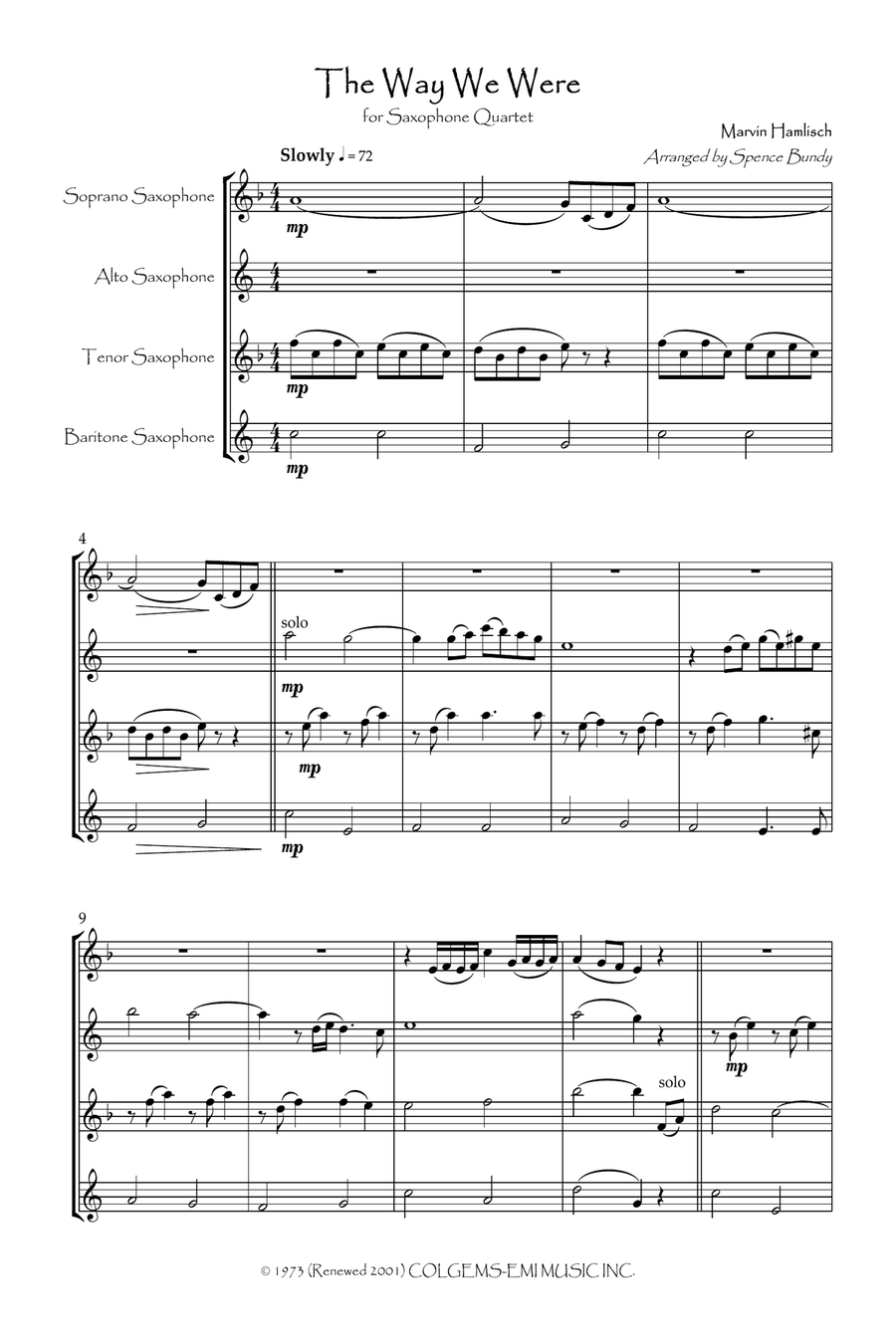 The Way We Were Saxophone Quartet scores gallery preview page 2