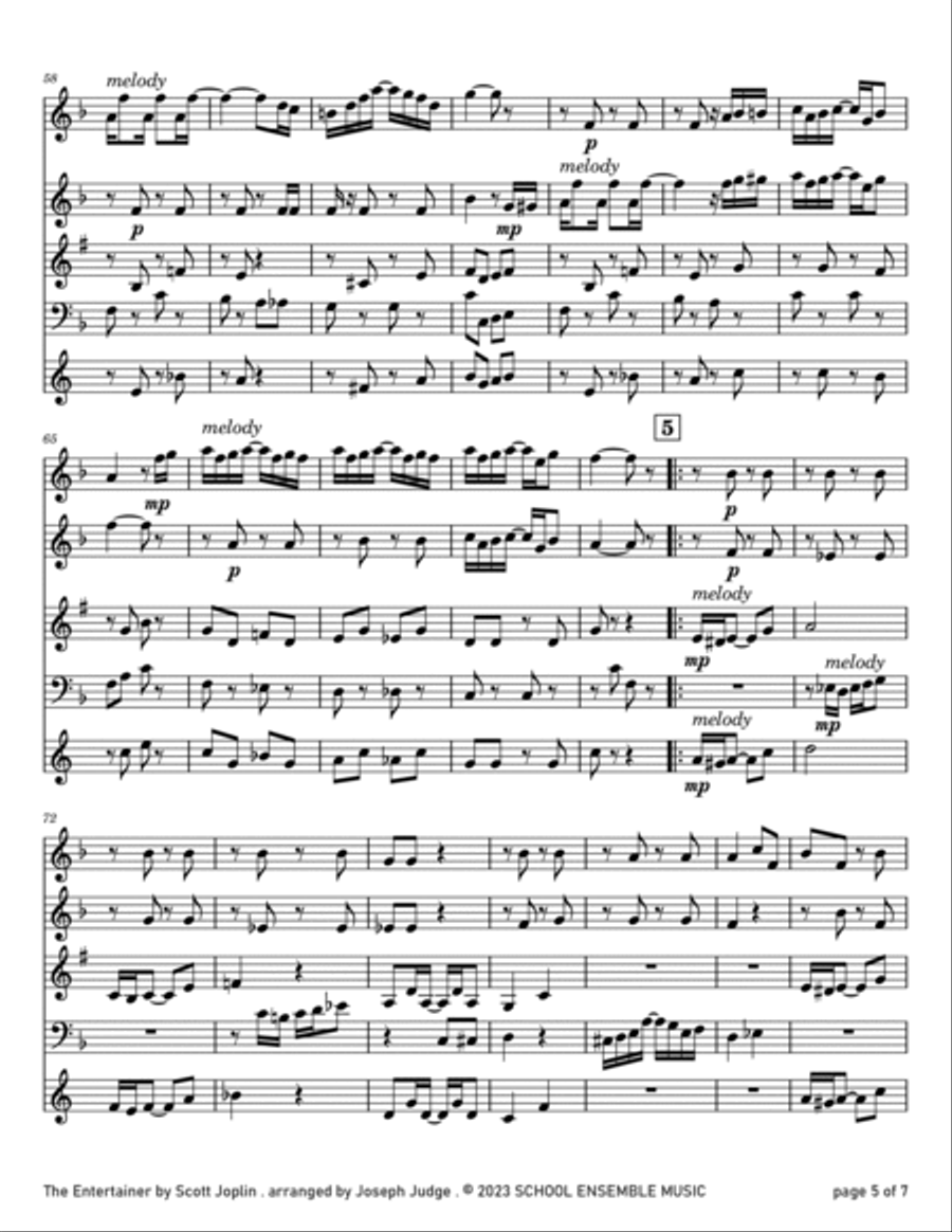The Entertainer by Scott Joplin for Woodwind Quartet in Schools Woodwind Quartet scores gallery preview page 5