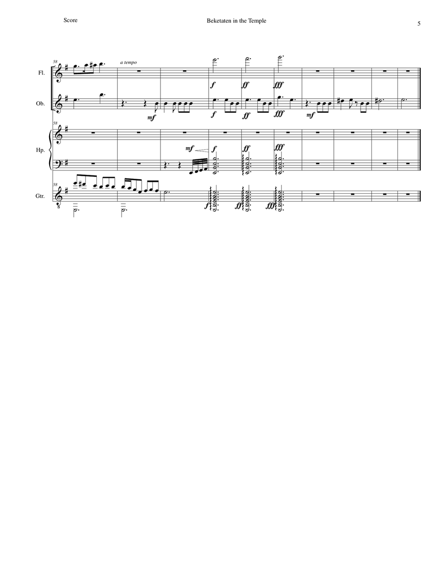 Beketaten in the Temple for flute, oboe, guitar and harp Small Ensemble scores gallery preview page 5