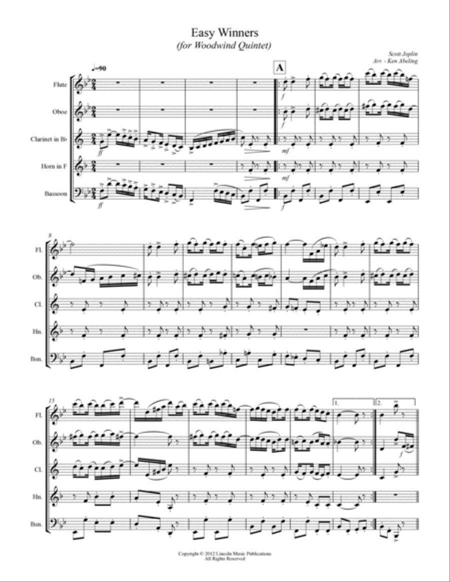 Joplin - “The Easy Winners” (for Woodwind Quintet) Woodwind Quintet scores gallery preview page 2