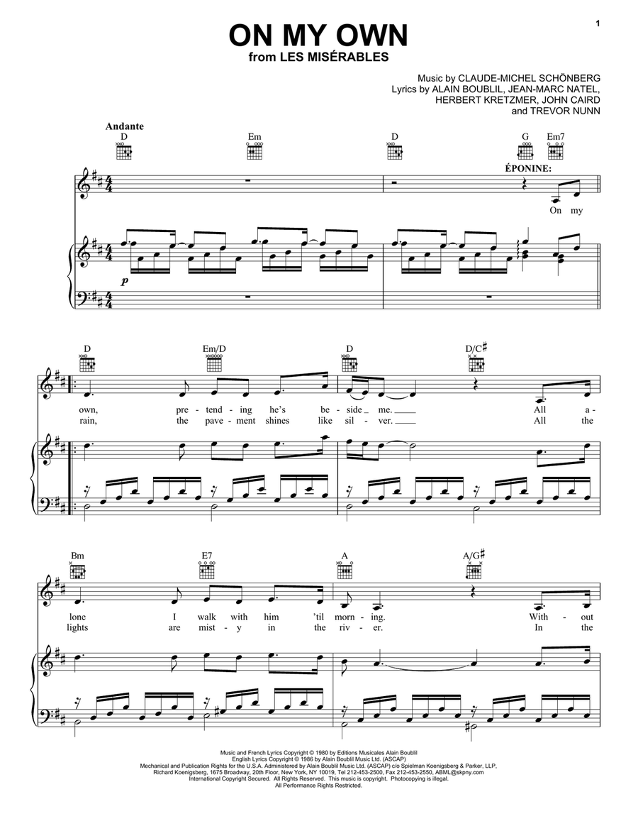 On My Own (from Les Miserables) Piano, Vocal, Guitar scores gallery preview page 1