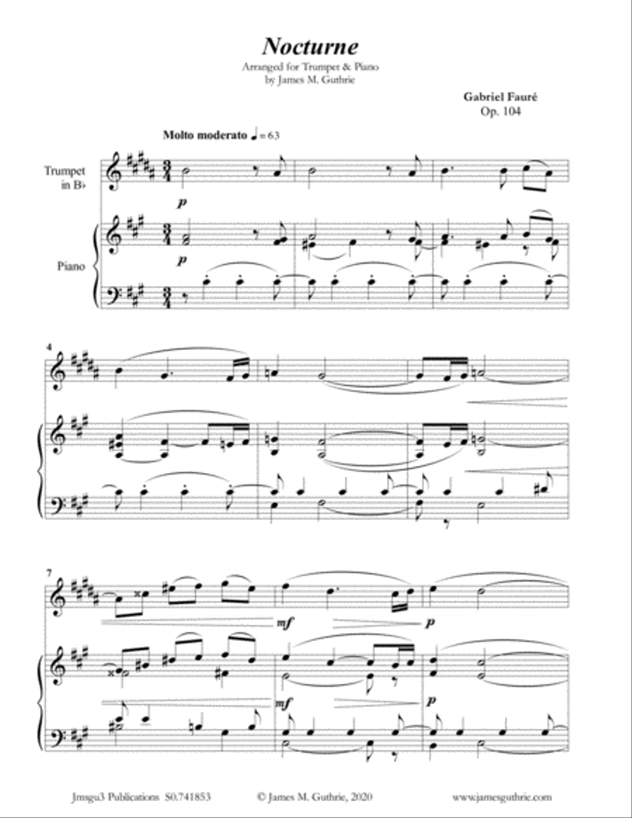 Fauré: Nocturne Op. 104 for Trumpet & Piano Trumpet Duet scores gallery preview page 1