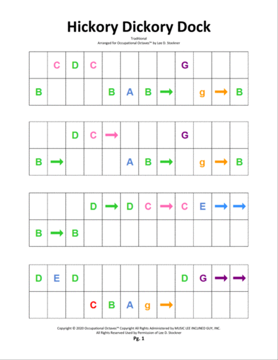 Occupational Octaves Piano™ Supplement 1.1C (Hickory Dickory Dock and Oh, Susanna) Piano Solo scores gallery preview page 2