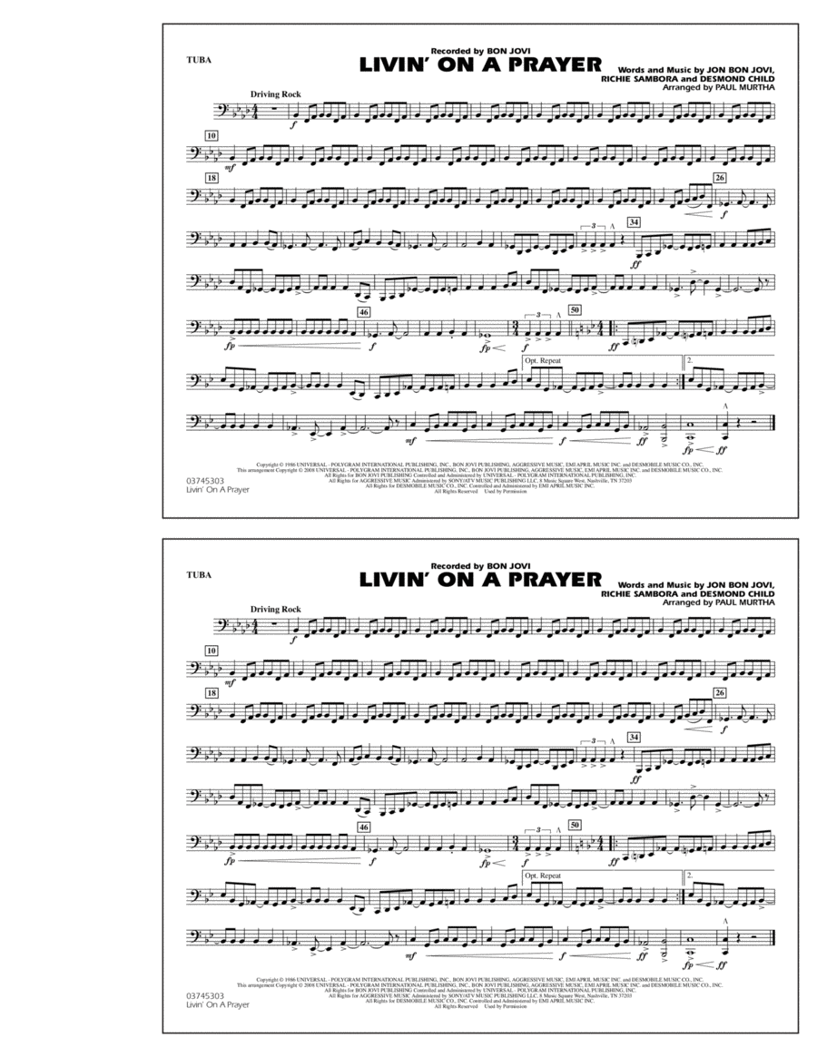 Livin' on a Prayer - Tuba Marching Band scores gallery preview page 1