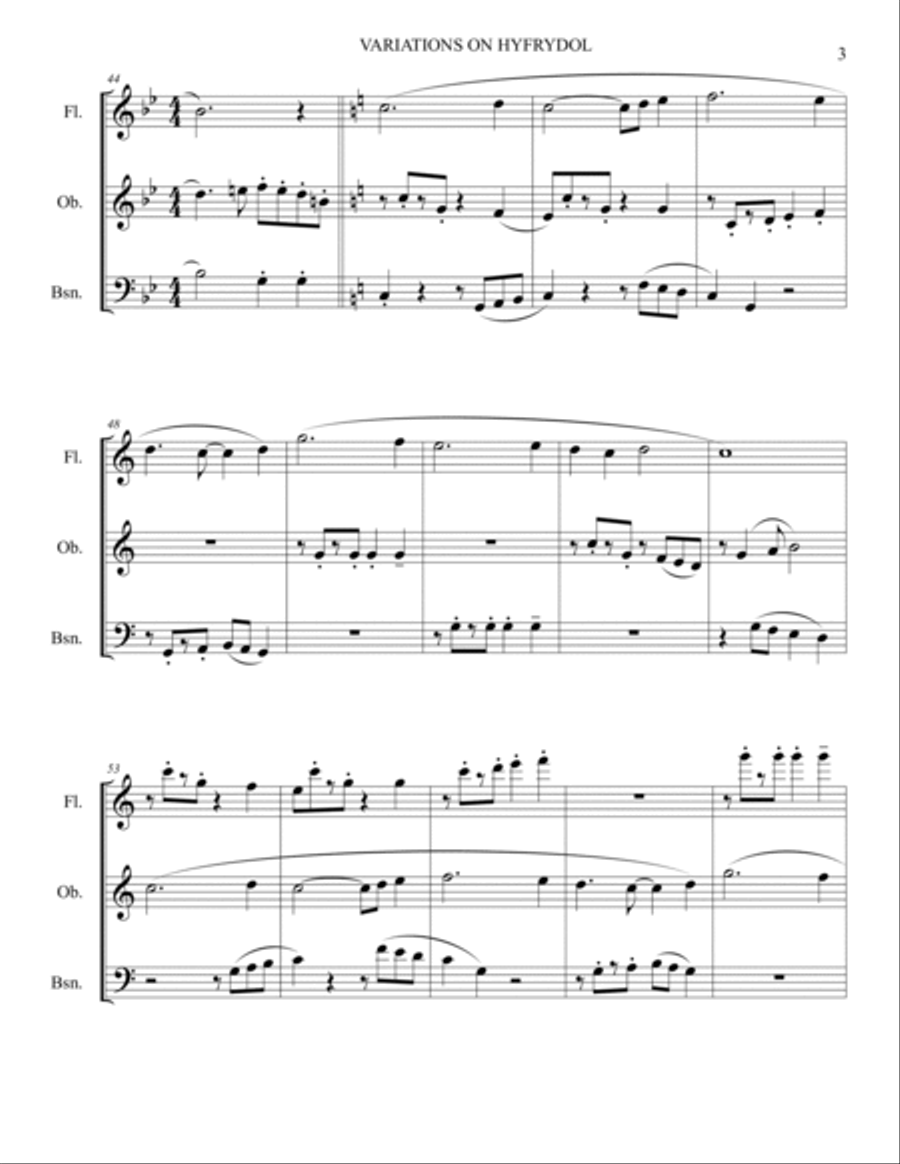 Variations on Hyfrydol for Woodwind Trio (Flute, Oboe, Bassoon) Woodwind Trio scores gallery preview page 3