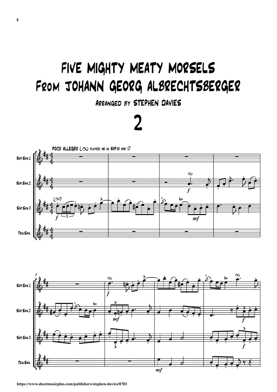 Five Mighty Meaty Morsels From Johann Georg Albrechtsberger for Sax Quartet (3 Sopranos/1 Tenor) Saxophone Quartet scores gallery preview page 6