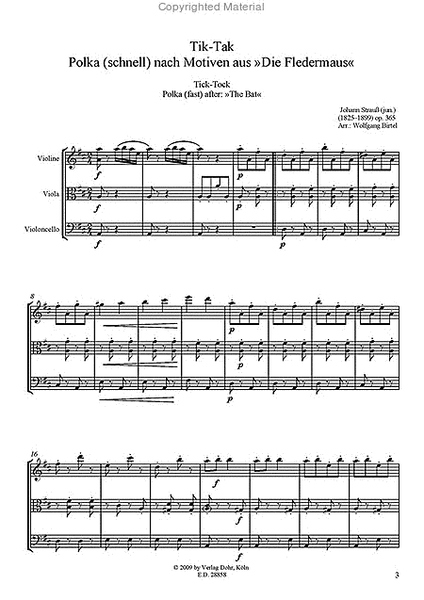 Tik-Tak op. 365 -Polka schnell nach "Die Fledermaus"- (für Streichtrio)
