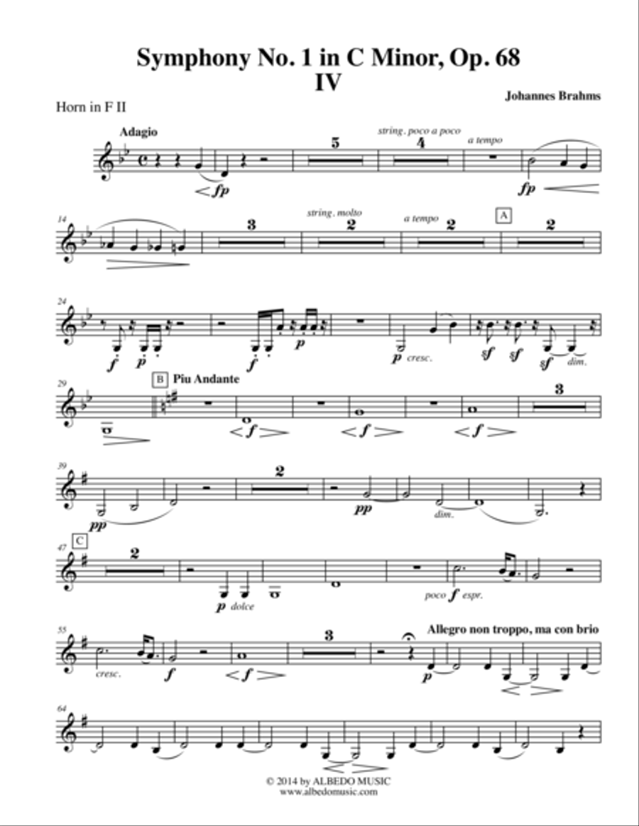 Brahms Symphony No. 1, Movement IV - Horn in F 2 (Transposed Part), Op. 68 Horn Solo scores gallery preview page 1