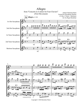 Allegro (from "Concerto for Four Claviers") (A min) (Saxophone Quintet - 2 Alto, 2 Tenor, 1 Bari)
