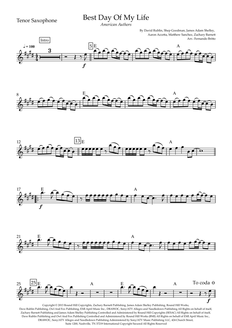 Best Day Of My Life Tenor Saxophone scores gallery preview page 1