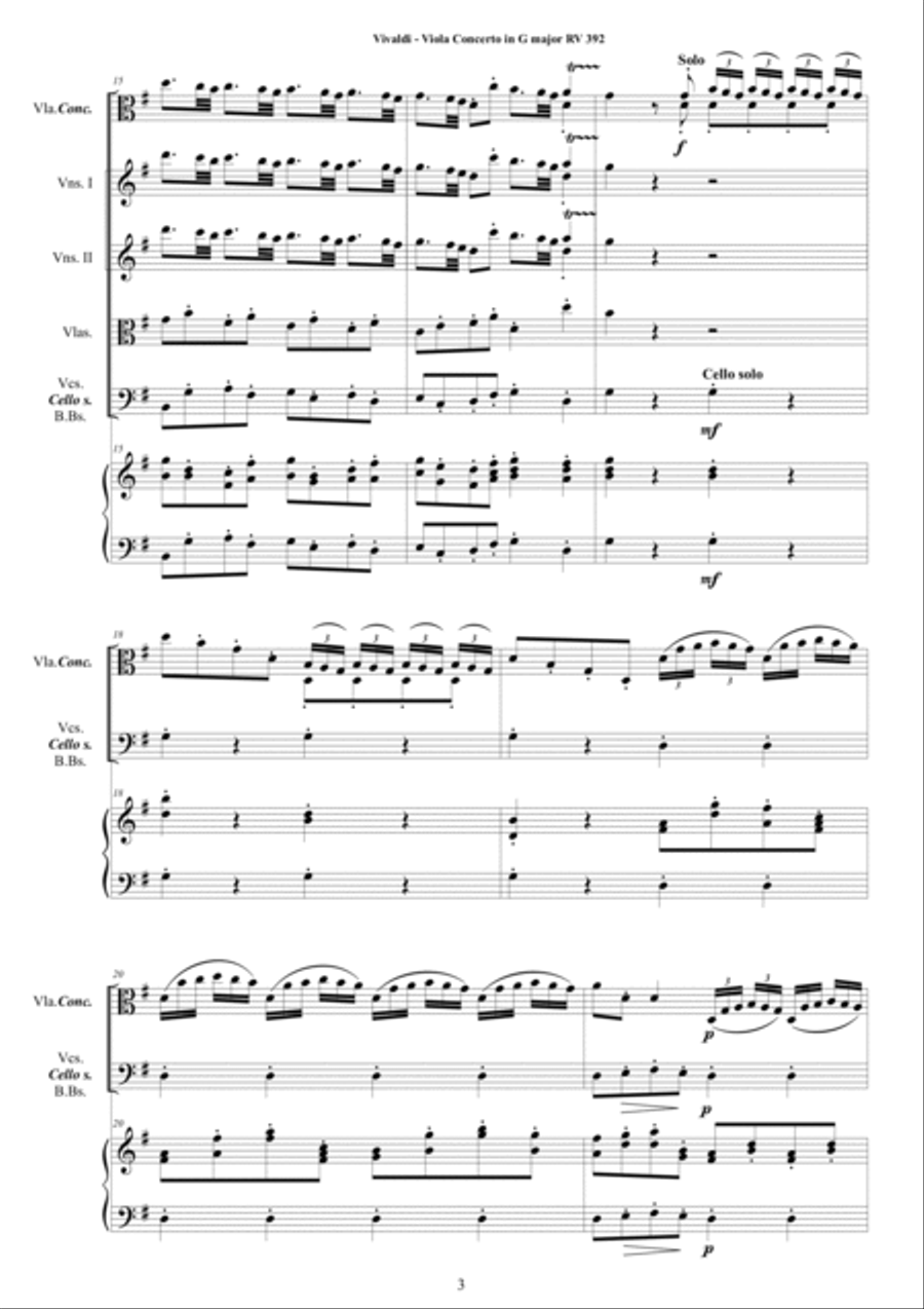 Vivaldi - Viola Concerto in G major RV392 for Viola concertante, Strings and Cembalo Chamber Orchestra scores gallery preview page 3