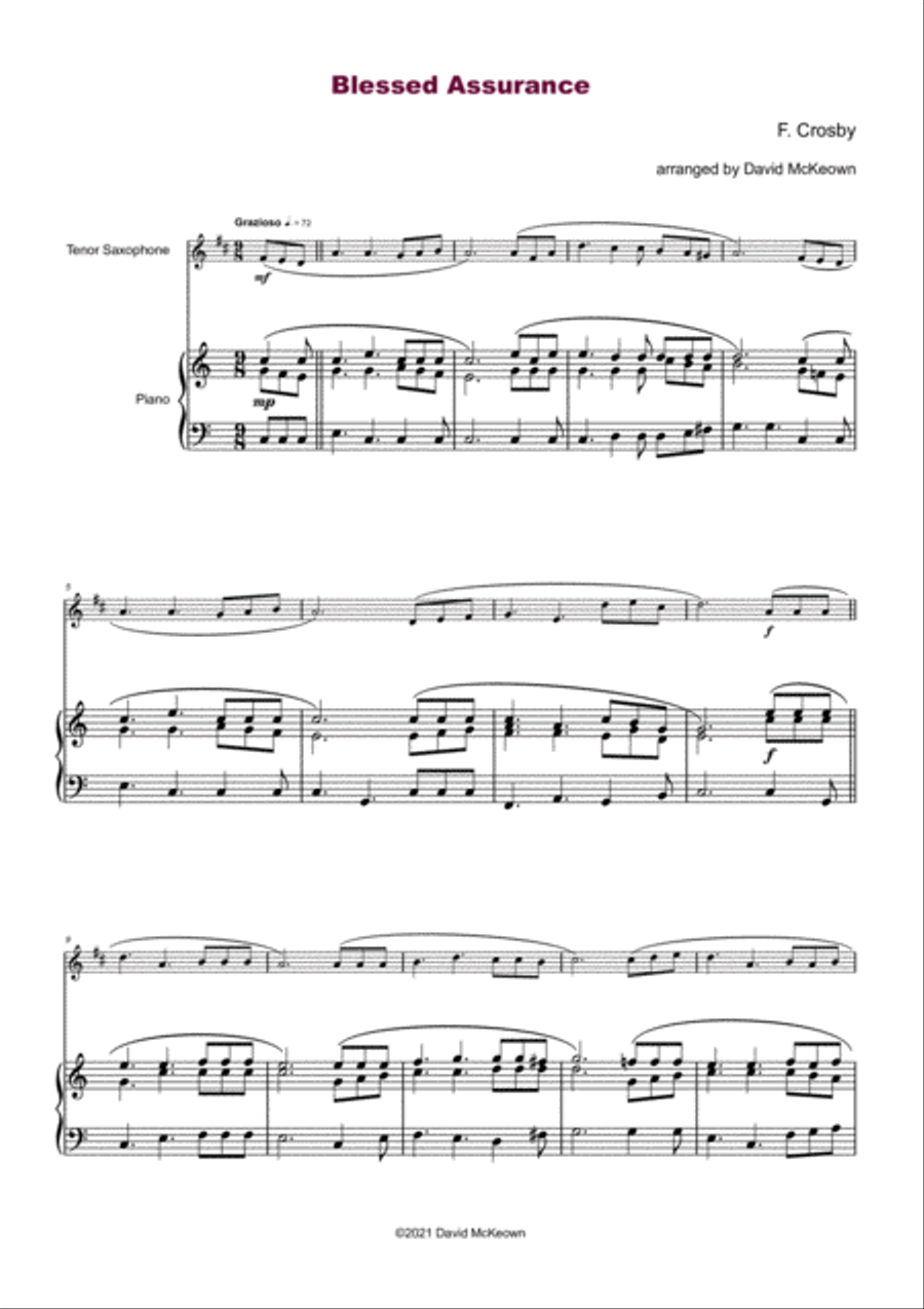 Blessed Assurance, Gospel Hymn for Tenor Saxophone and Piano Tenor Saxophone scores gallery preview page 2