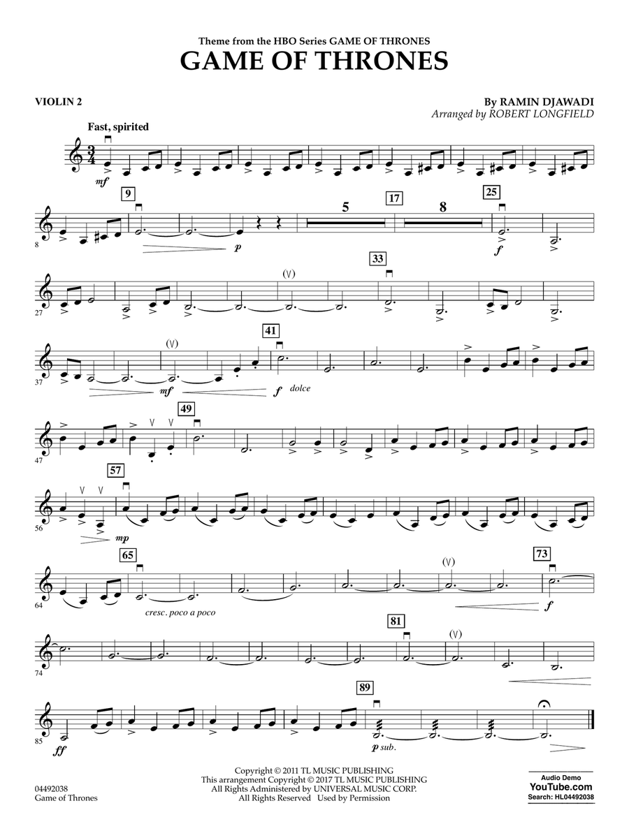Game Of Thrones (arr. Robert Longfield) - Violin 2 String Orchestra scores gallery preview page 1