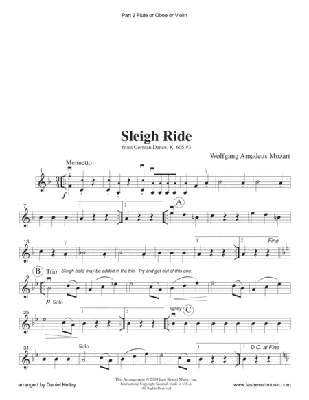 Sleigh Ride from German Dance, K. 605 #3 for String or Piano Trio (or Wind Trio or Mixed Trio)