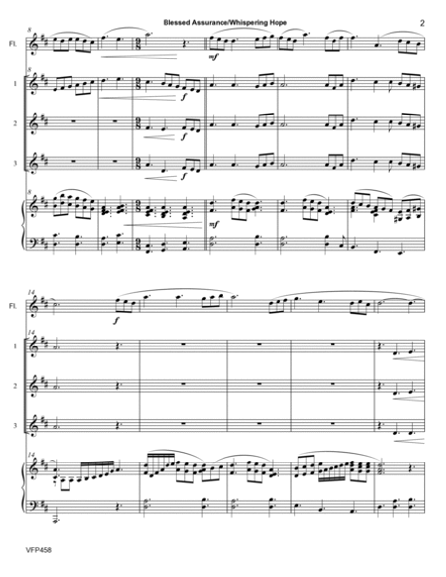 BLESSED ASSURANCE with WHISPERING HOPE - 3 Violins & Flute with Piano Accompaniment Small Ensemble scores gallery preview page 2
