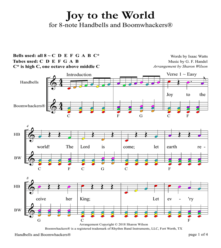 Joy to the World for 8-note Bells and Boomwhackers (with Color Coded Notes) image number null