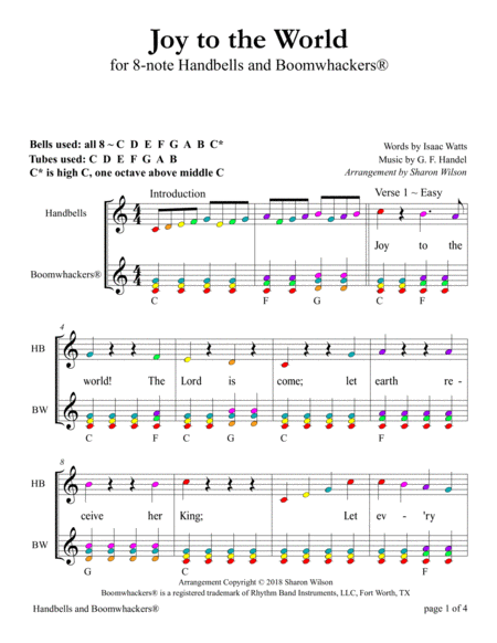 Joy to the World for 8-note Bells and Boomwhackers (with Color Coded Notes) image number null