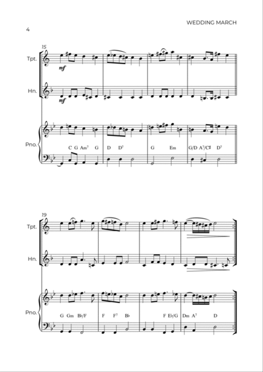 WEDDING MARCH - RICHARD WAGNER - BRASS PIANO TRIO (TRUMPET, HORN & PIANO) Brass Duet scores gallery preview page 4