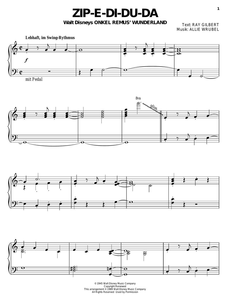 Zip-A-Dee-Doo-Dah (from Song Of The South) Piano Solo scores gallery preview page 1