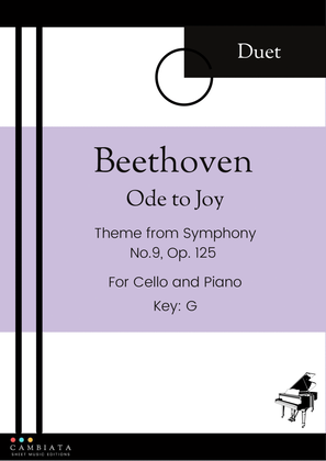 Ode to Joy - For Cello and Piano accompaniment - Key G - (Easy)