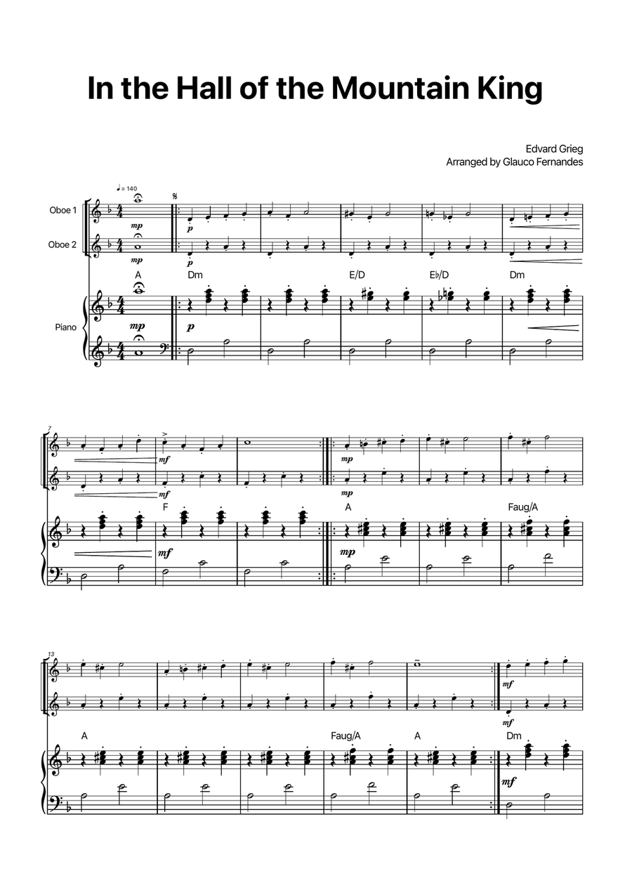 In the Hall of the Mountain King - Oboe Duet with Piano and Chord Notations