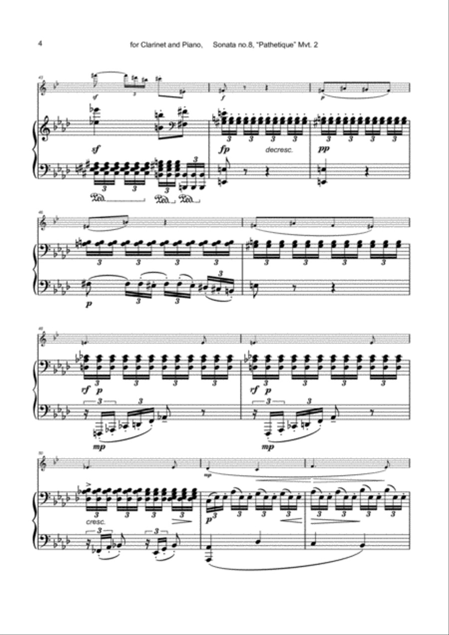 Sonata Pathetique, Adagio Cantabile, by Beethoven, for Clarinet and Piano Clarinet Solo scores gallery preview page 5