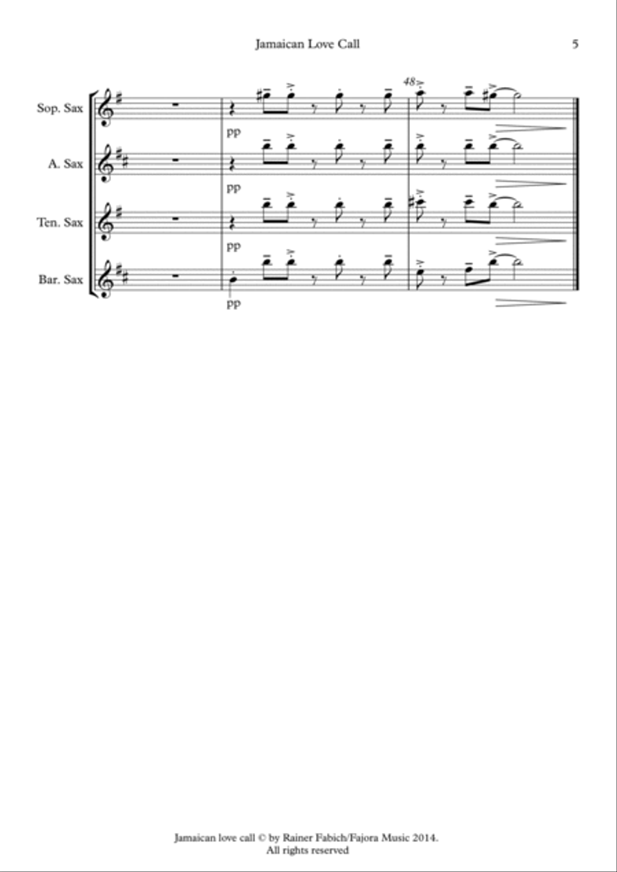 Jamaican Love Call from Five Sax Reggaes Woodwind Quartet scores gallery preview page 6