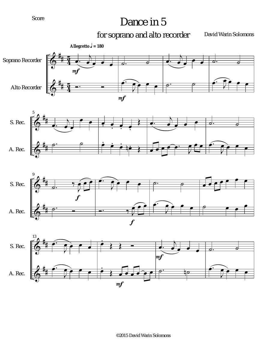Dance in 5 for descant and alto recorders Soprano Recorder scores gallery preview page 1
