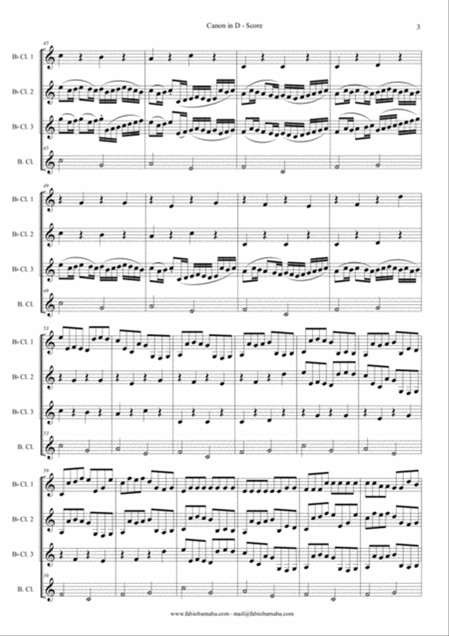 Pachelbel - Canon in D - for Clarinet Quartet or Clarinet Choir Clarinet Quartet scores gallery preview page 4