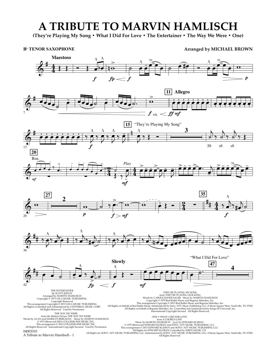 A Tribute To Marvin Hamlisch - Bb Tenor Saxophone Concert Band scores gallery preview page 1
