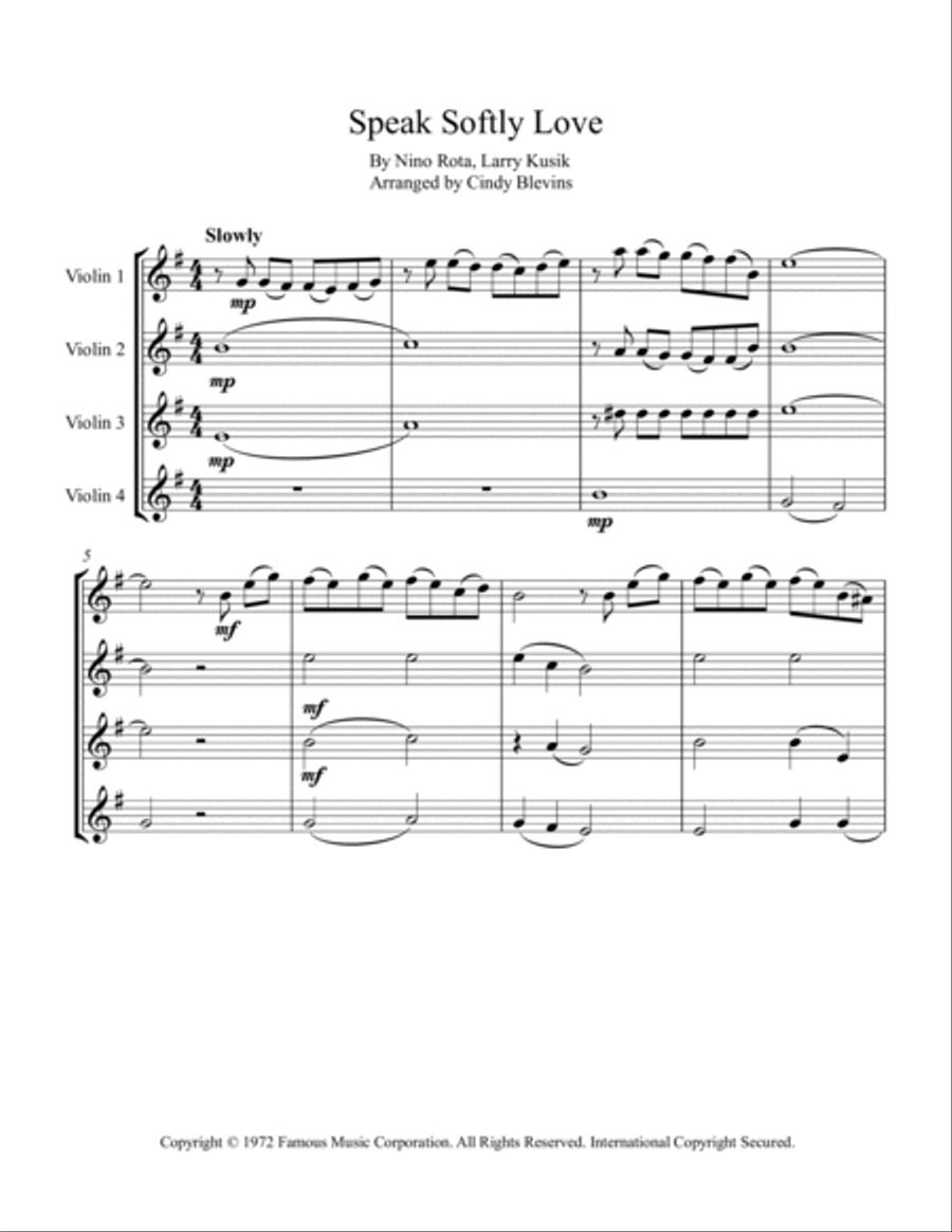 Speak Softly Love String Quartet scores gallery preview page 2