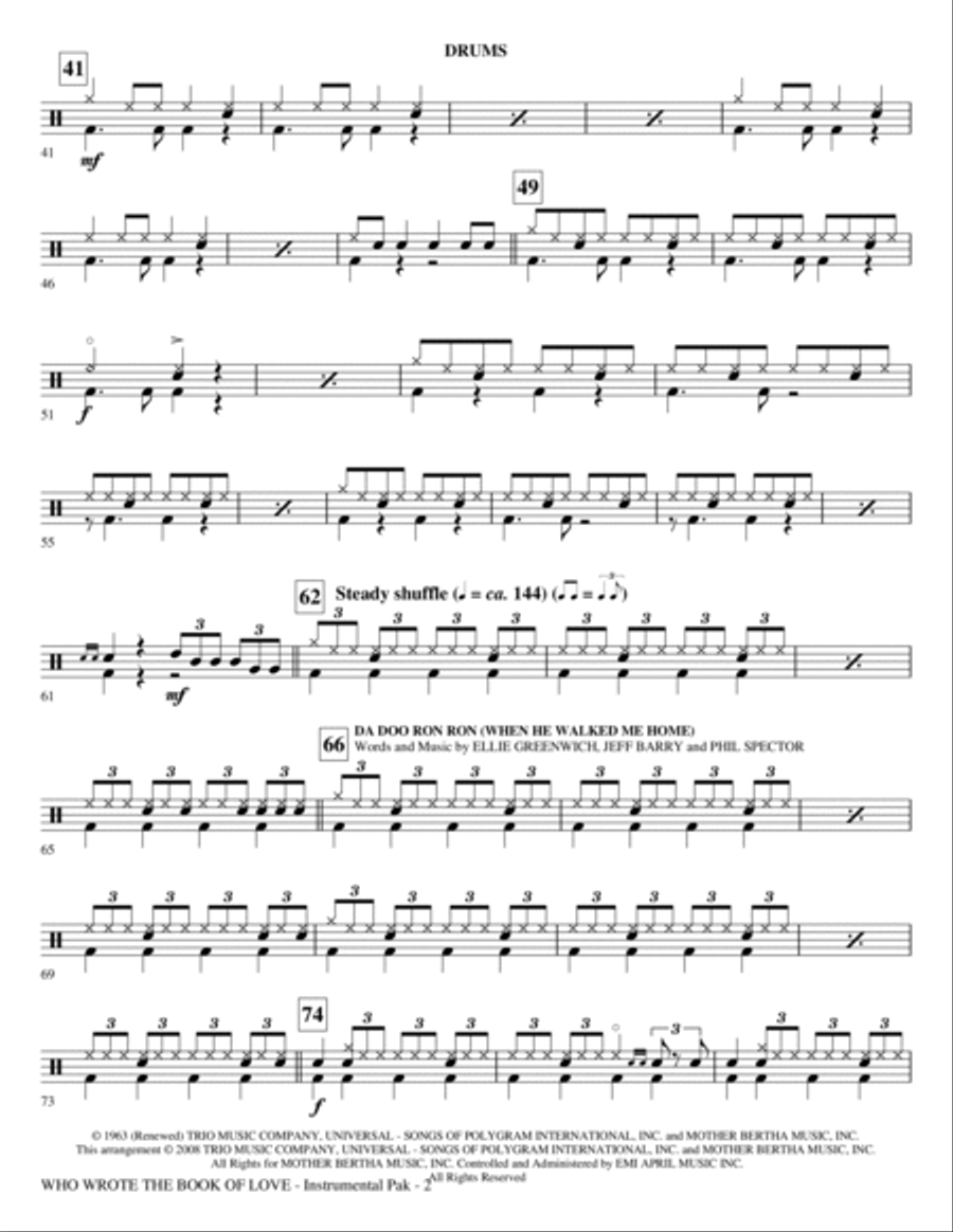 Who Wrote The Book Of Love? (Choral Medley) - Drums Choir scores gallery preview page 2