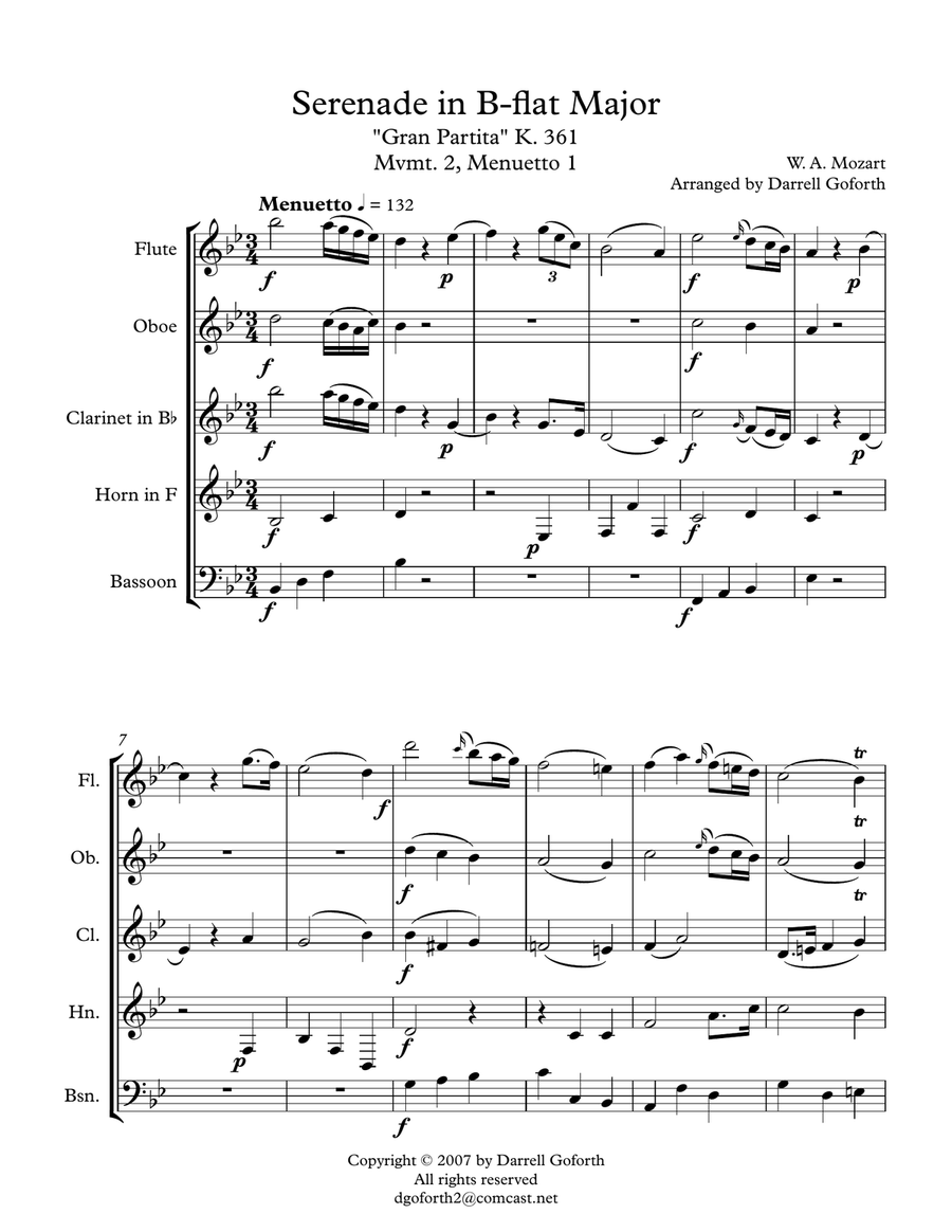 Mozart: Serenade in Bb Major, K. 361 (Gran Partita) for Wind Quintet Mvmt. 2 (Menuetto I) Woodwind Quintet scores gallery preview page 1