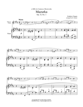 Mazurka, Mesto Op. 33, No 1 for violin (flute) and piano