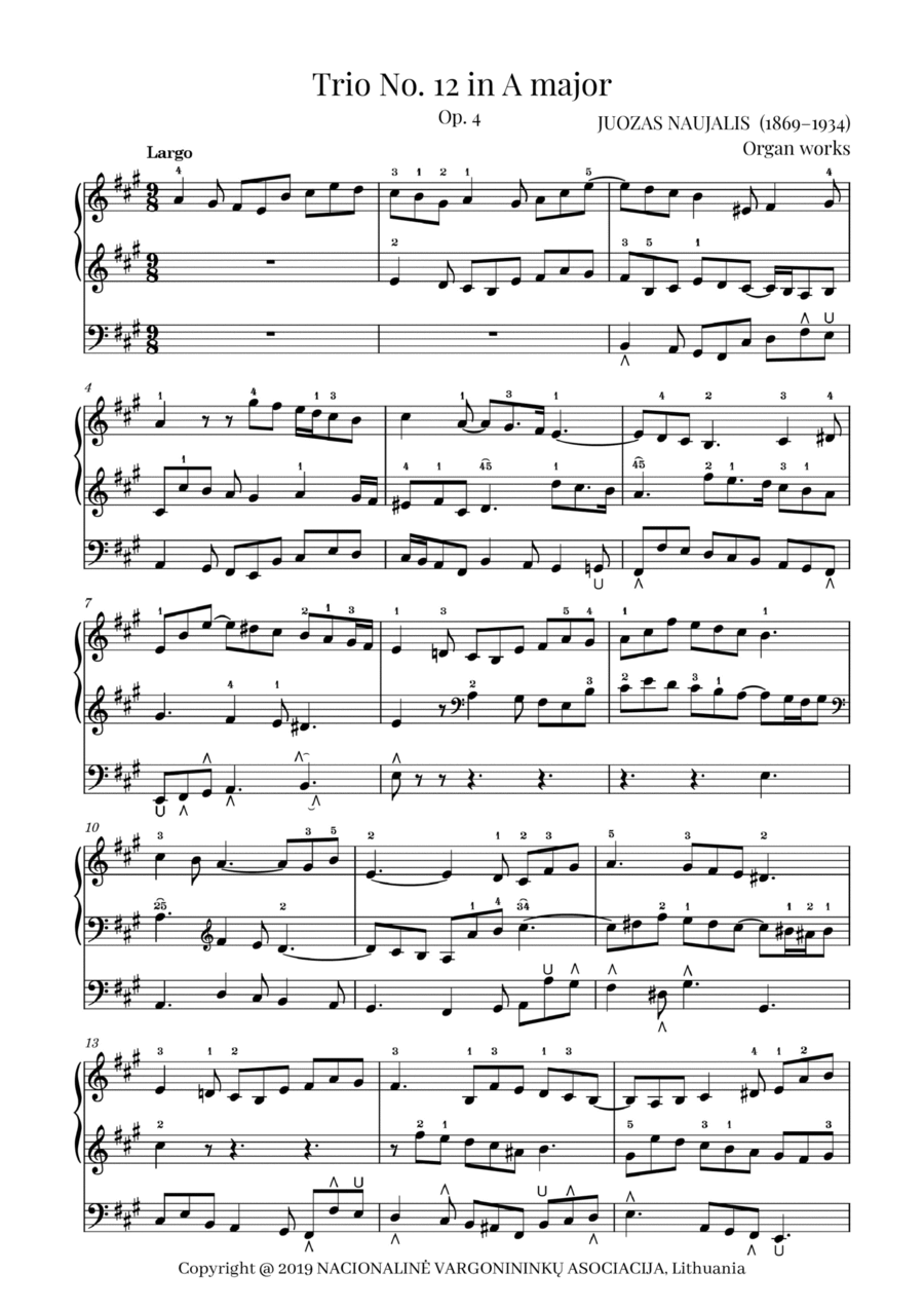 Trio No. 12 in A major, Op. 4 by Juozas Naujalis (1869–1934) Organ Solo scores gallery preview page 1