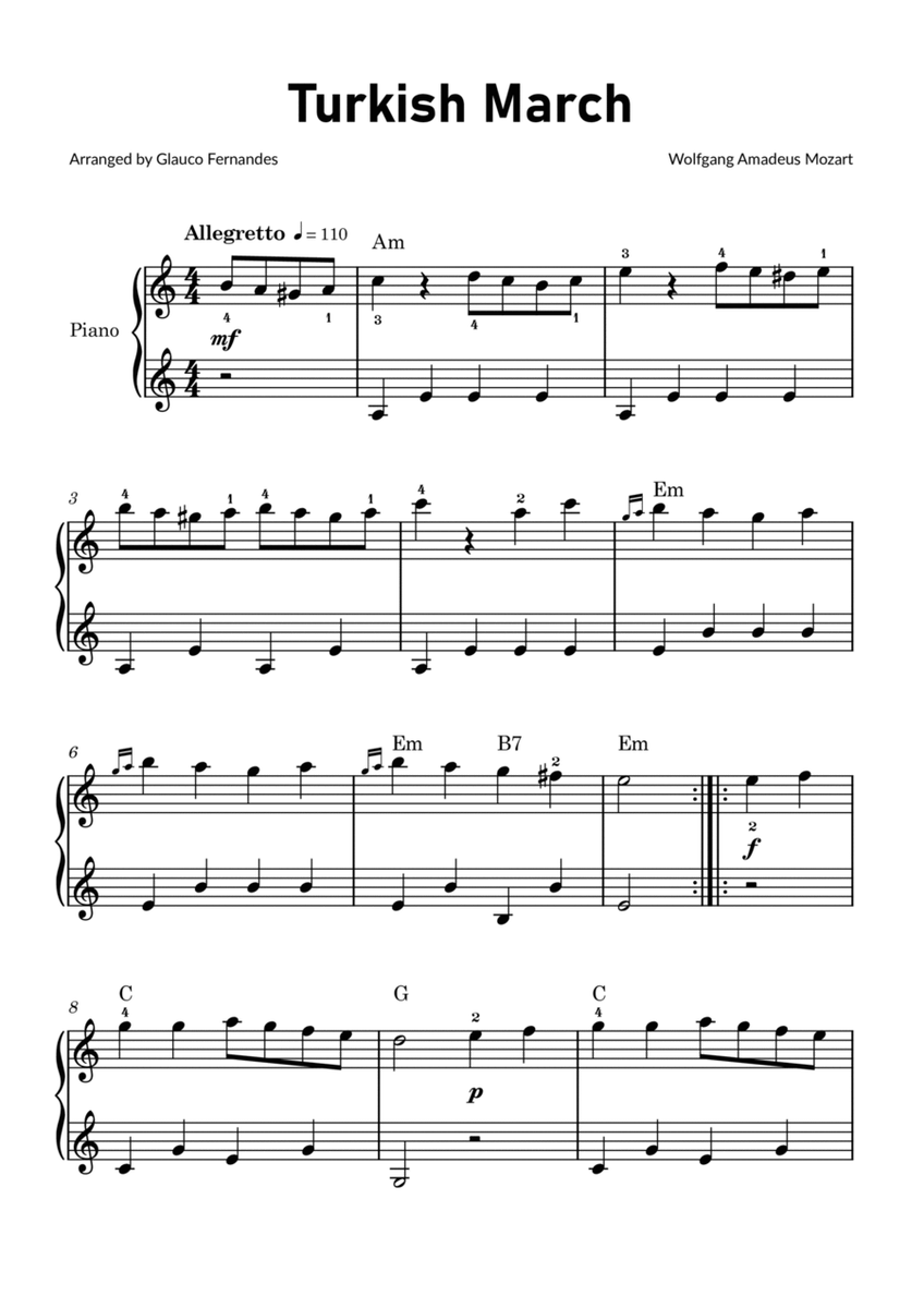 Turkish March by Mozart - Easy Piano with Chords image number null