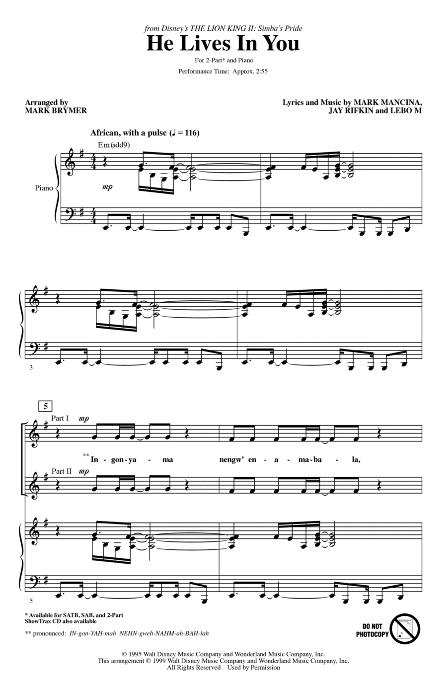 He Lives In You (from The Lion King II: Simba's Pride) (arr. Mark Brymer) 2-Part scores gallery preview page 1