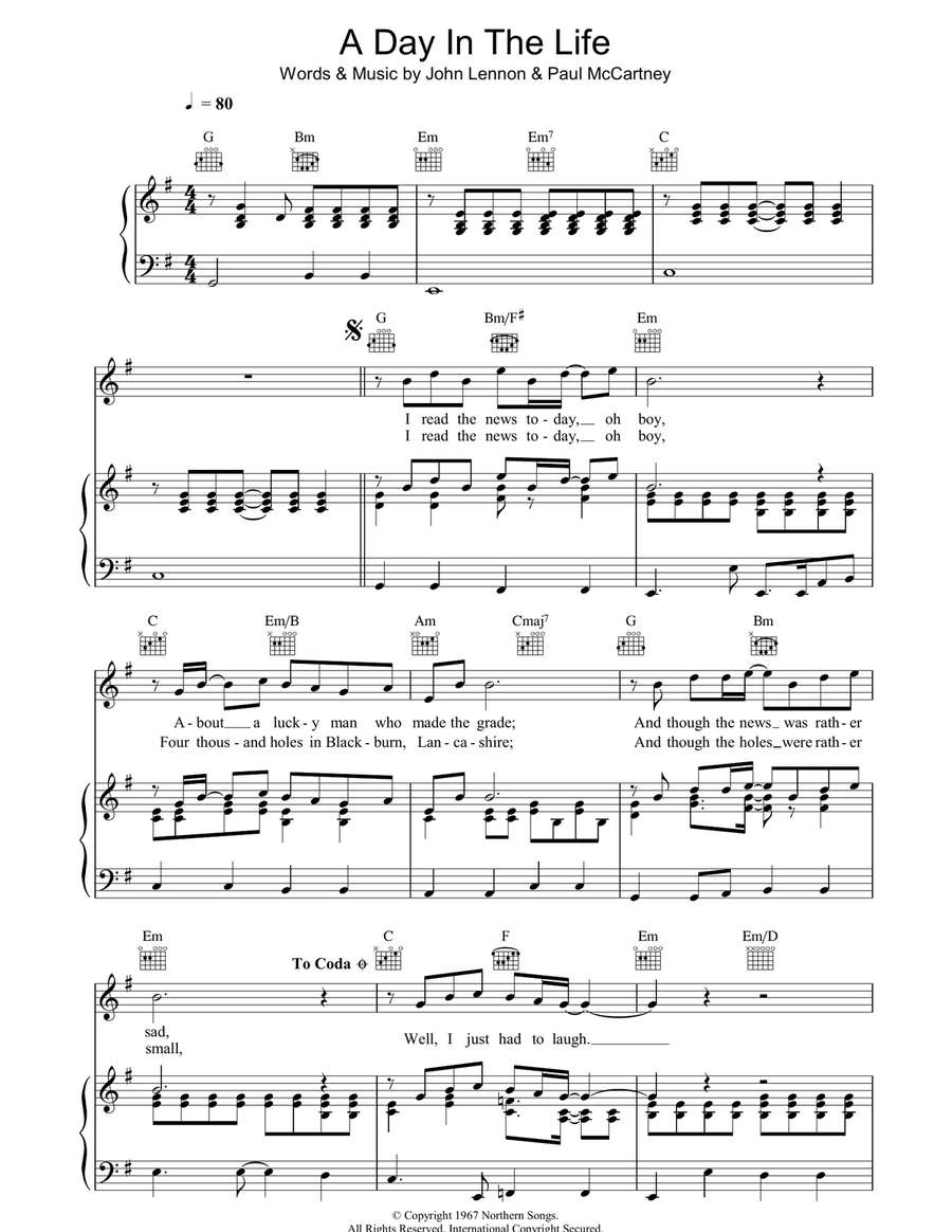 A Day in The Life A Day in The Life Piano, Vocal, Guitar scores gallery preview page 1