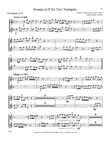 3 Famous Baroque Works for 2 Trumpets (solo parts Vivaldi & Manfredini Concertos, Francheschini