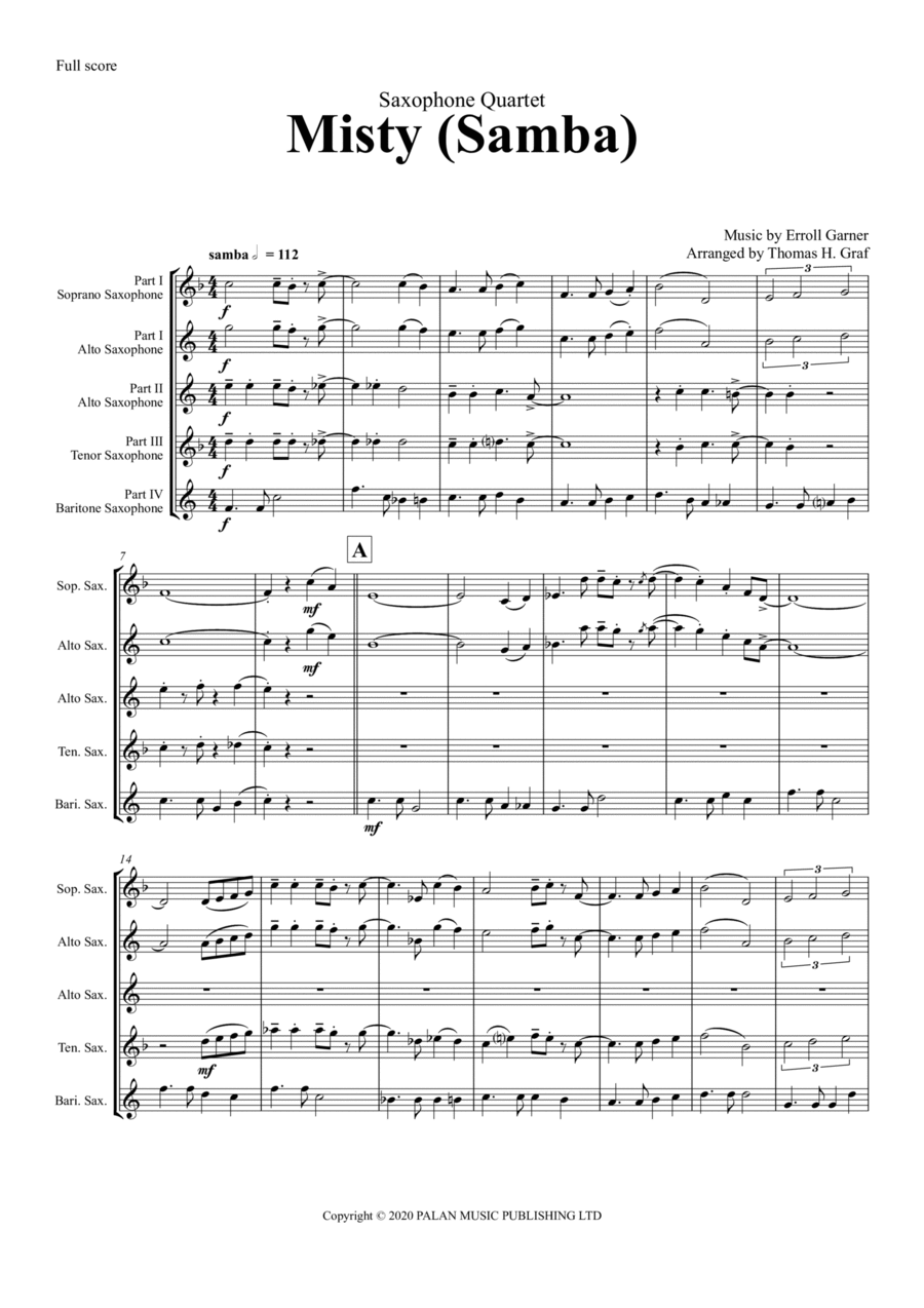 Misty Saxophone Quartet scores gallery preview page 1
