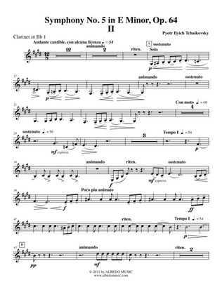 Book cover for ‪Tchaikovsky‬ Symphony No. 5, Movement II - Clarinet in Bb 1 (Transposed Part), Op. 64
