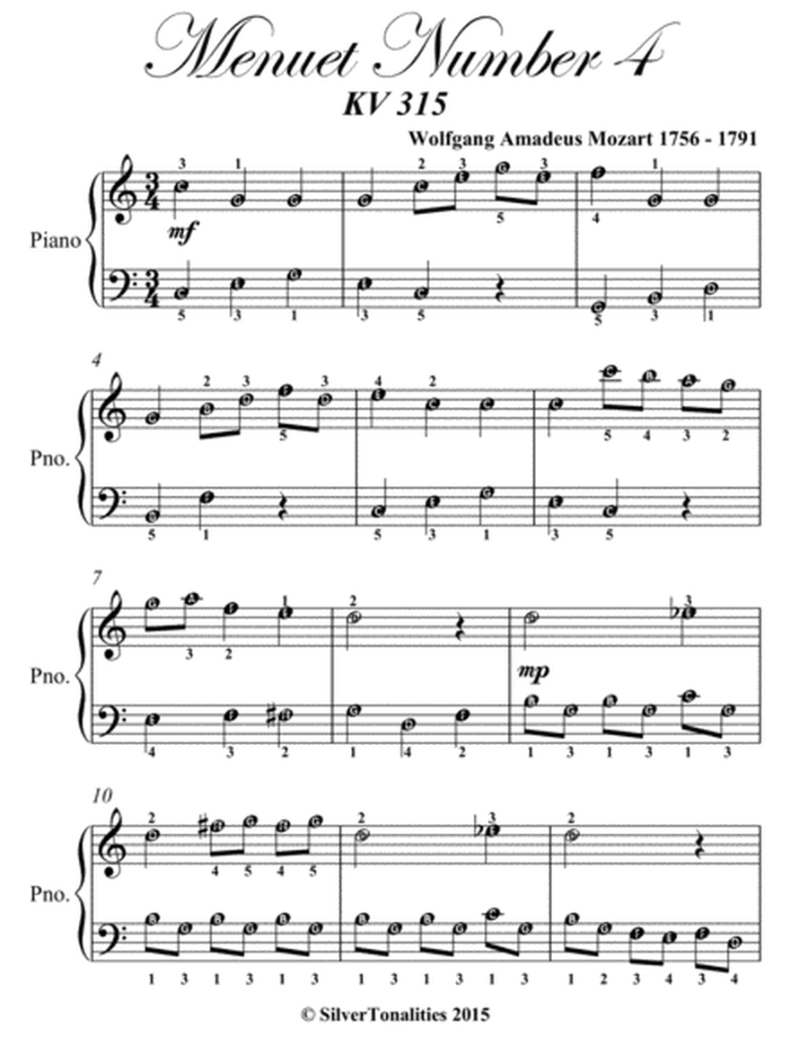 Menuet Number 4 Kv 315 Easiest Piano Sheet Music