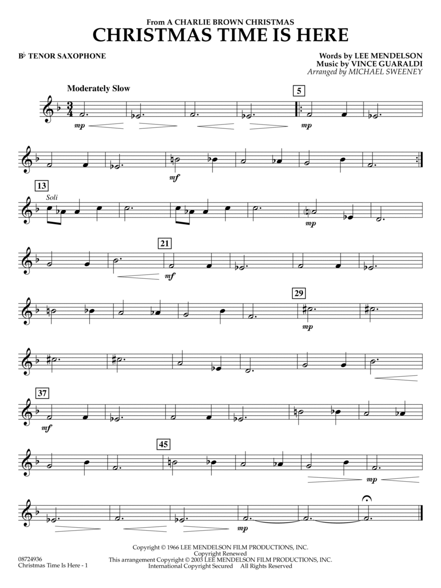 Christmas Time Is Here (arr. Michael Sweeney) - Bb Tenor Saxophone Concert Band scores gallery preview page 1