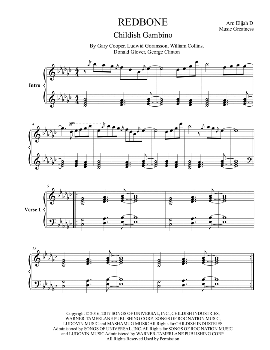 Redbone Piano Solo scores gallery preview page 1